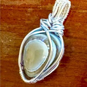Elegant Silver Wire Wrapped Pendant. Blue Banded Opal.  Handmade boutique item,